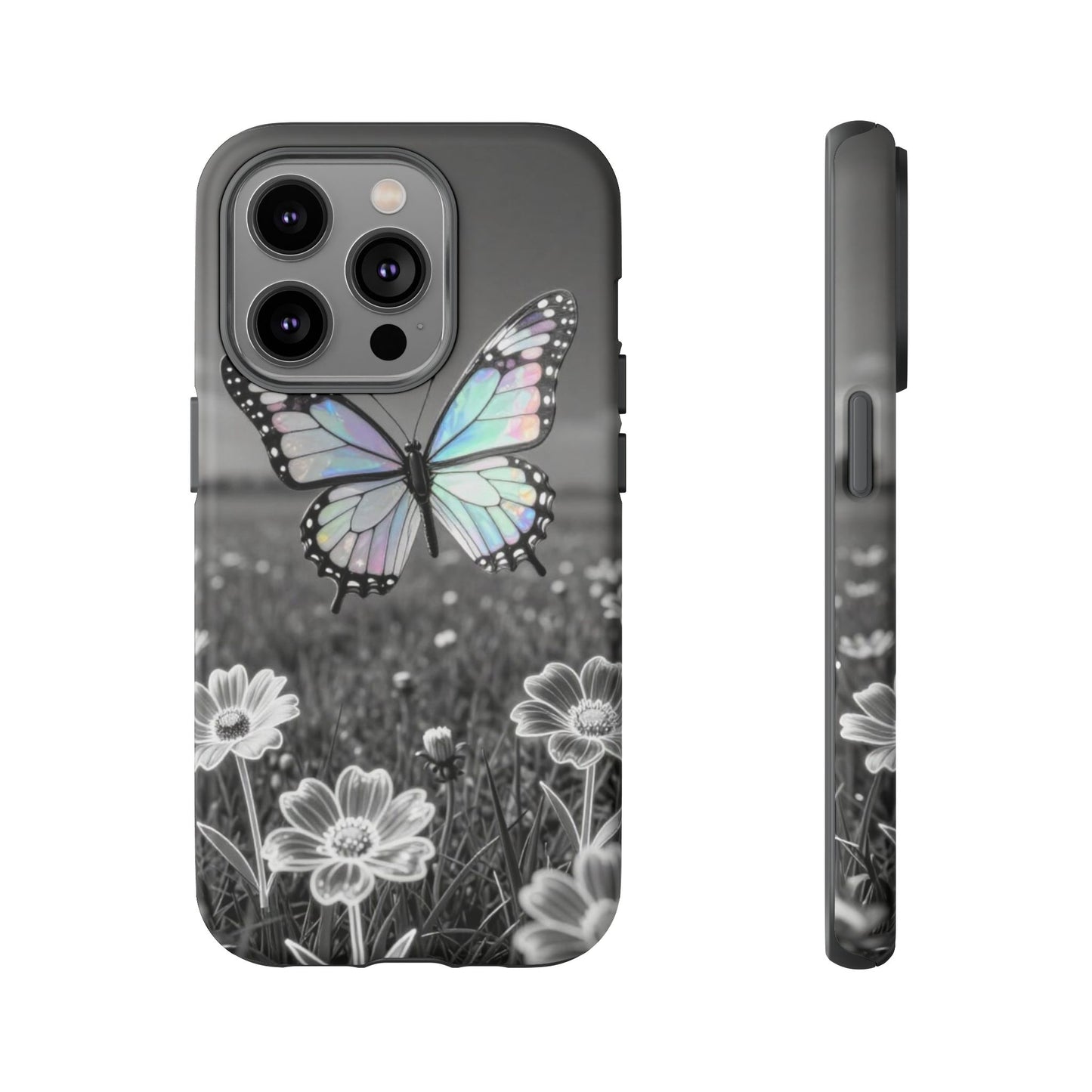 Butterfly Field Tough Phone Case — Pastel Holographic Butterfly on Black & White Floral Background