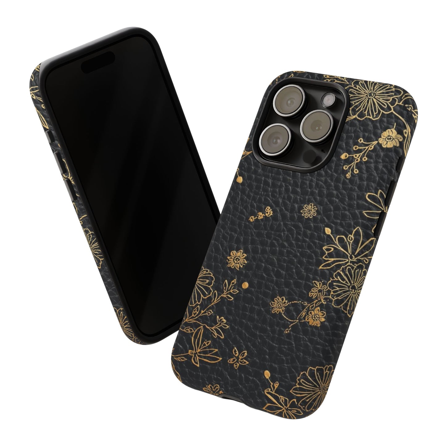 Floral Gold Foil Leather Texture Tough Phone Case