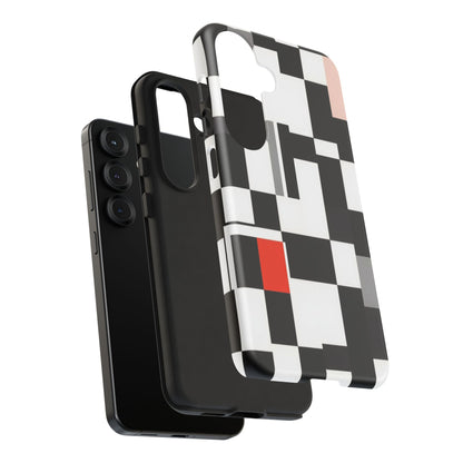 Abstract Geometric Phone Case – Black & White Checker Grid with Red Accent