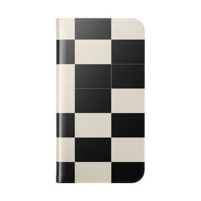 Checkered Flip Phone Case – Black & Cream Retro Grid Wallet Case