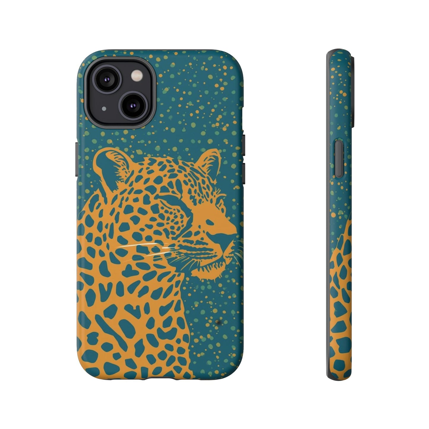 Leopard Print Tough Phone Case — Gold Panther on Teal, Protective iPhone Cover
