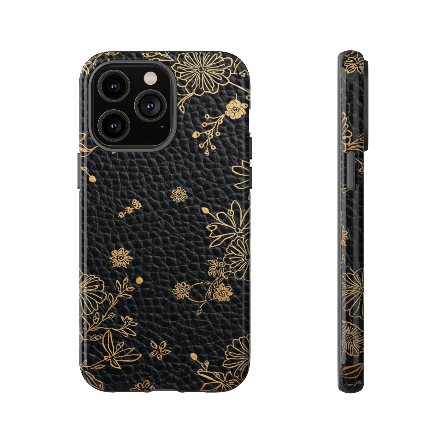 Floral Gold Foil Leather Texture Tough Phone Case
