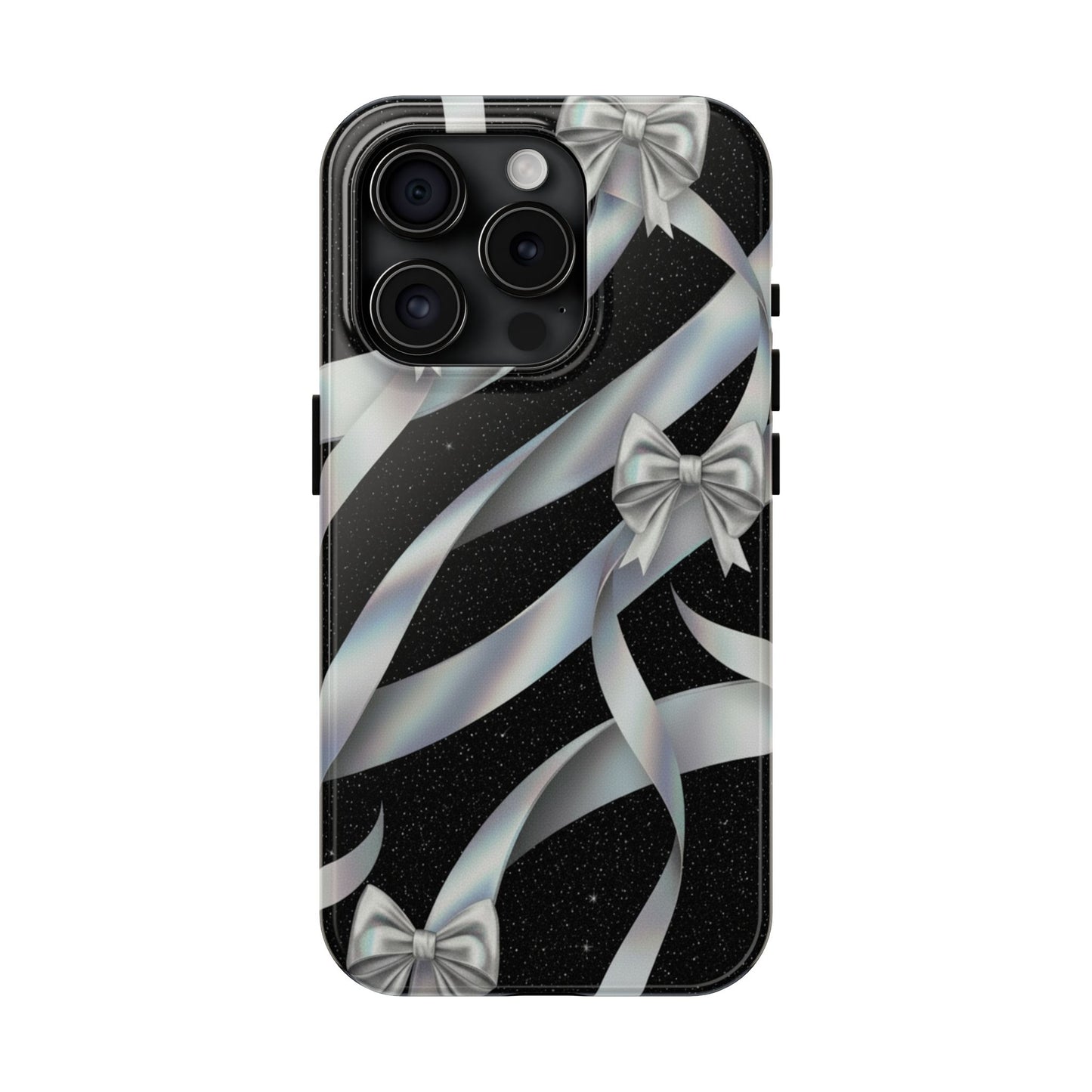 Silver Ribbon Bow Tough Phone Case — Glitter Black Protective Phone Case
