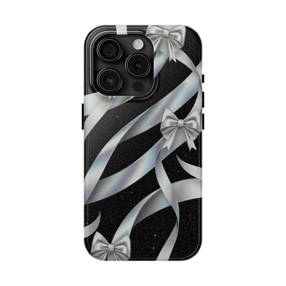 Silver Ribbon Bow Tough Phone Case — Glitter Black Protective Phone Case