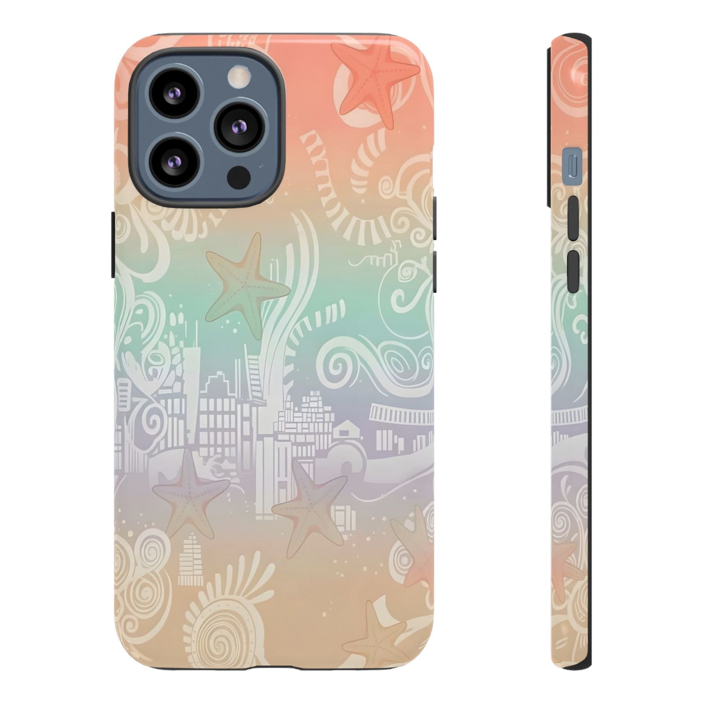 Tough Cases: Pastel Beach Pattern Phone Case — Starfish & Coastal Cityscape Protective Cover