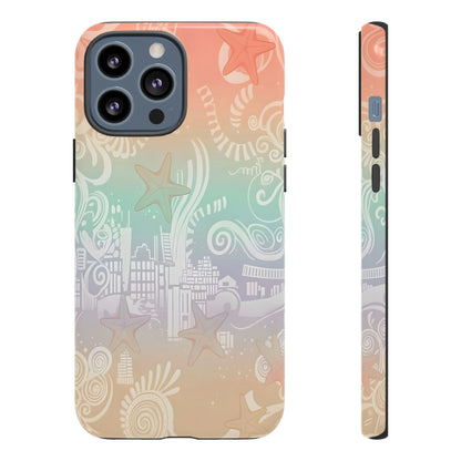 Tough Cases: Pastel Beach Pattern Phone Case — Starfish & Coastal Cityscape Protective Cover