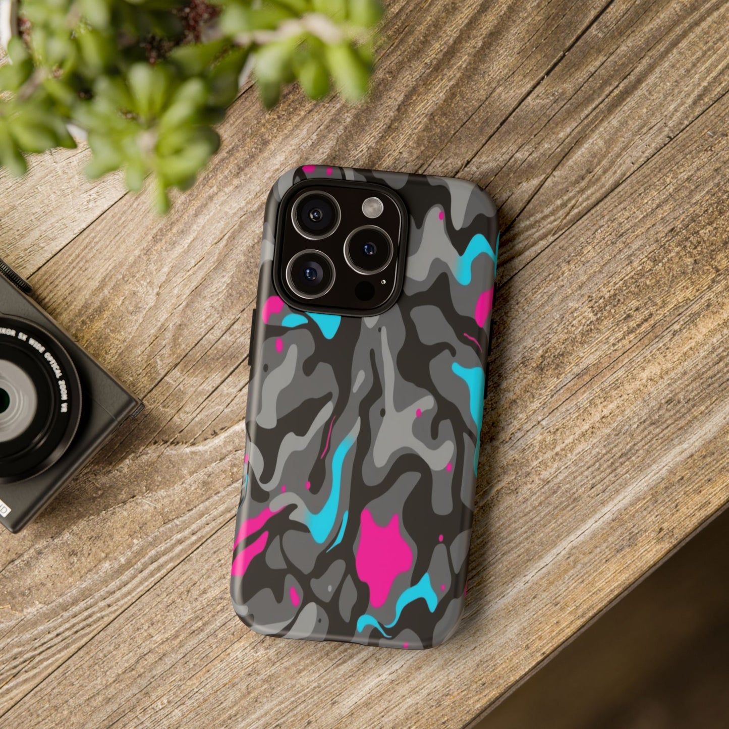 Camouflage Phone Case — Gray Camo with Neon Pink & Cyan Accent Tough Protective Cover