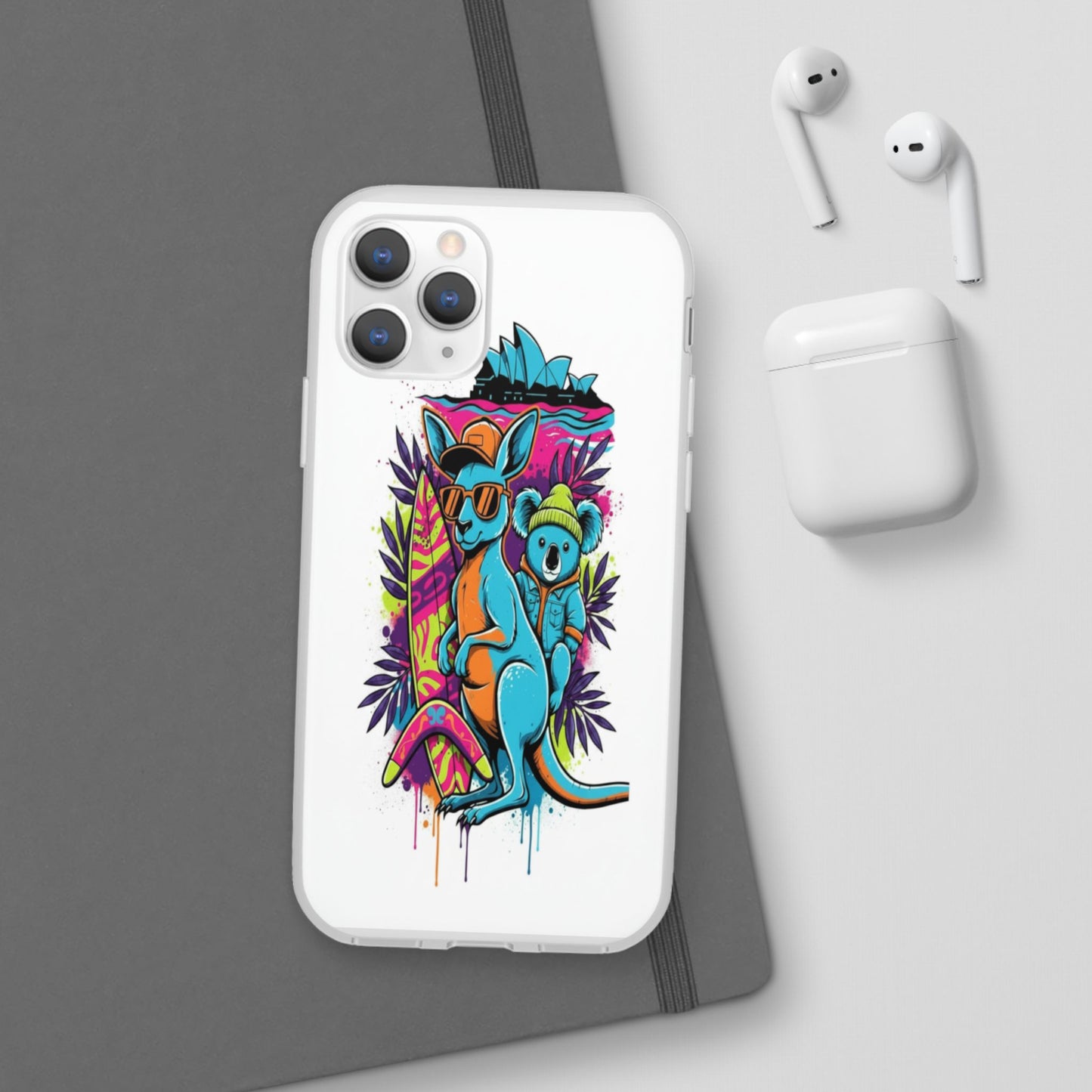 Kangaroo & Koala Surf Phone Case — Neon Aussie Beach Vibes Flexible Case