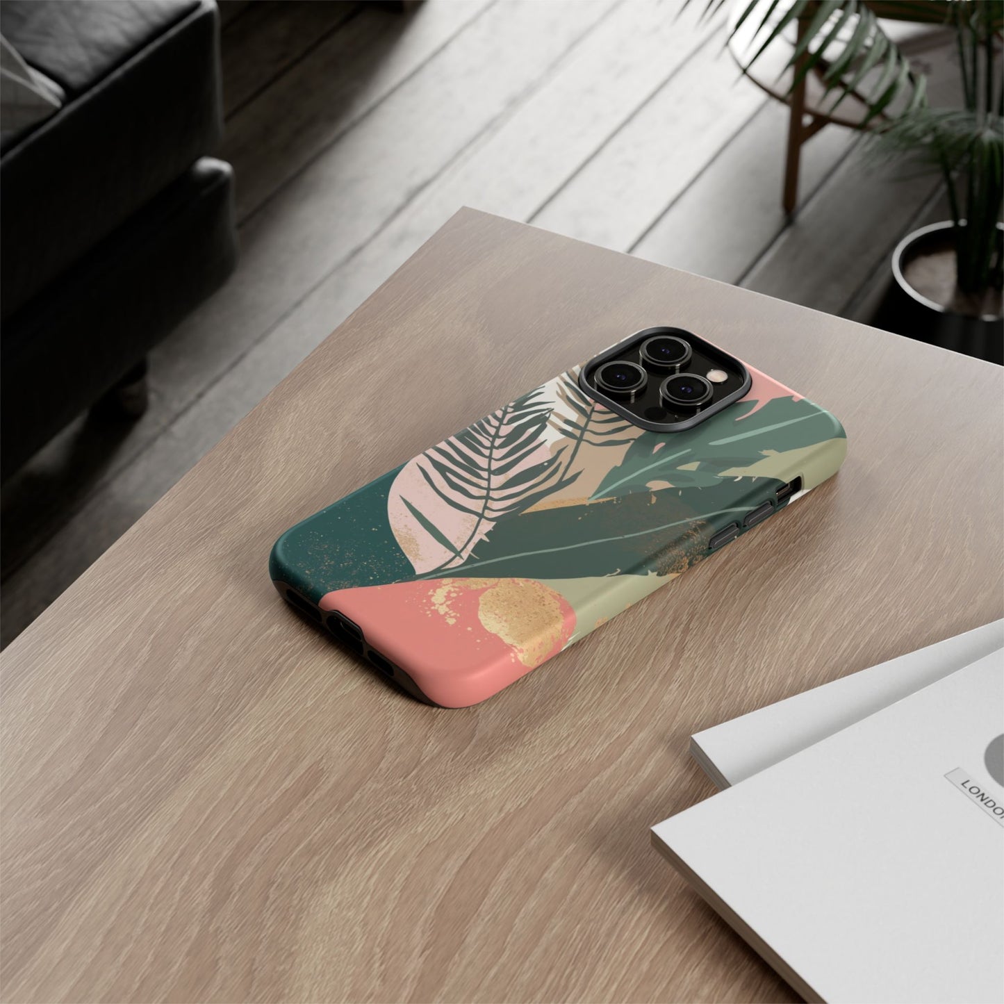 Tropical Leaf Tough Phone Case — Abstract Pink & Green Botanical Protective Cover