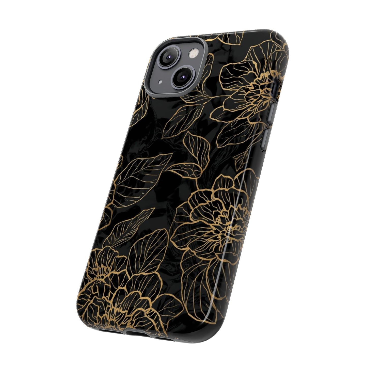 Floral Gold Outline Tough Phone Case – Black Botanical Protective Cover