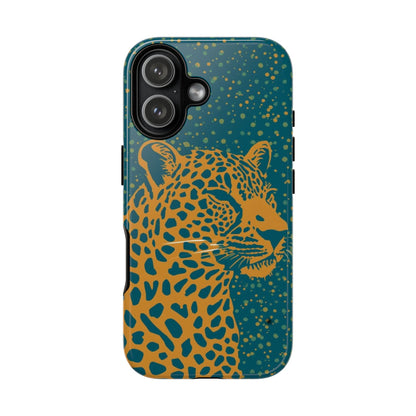 Leopard Print Tough Phone Case — Gold Panther on Teal, Protective iPhone Cover