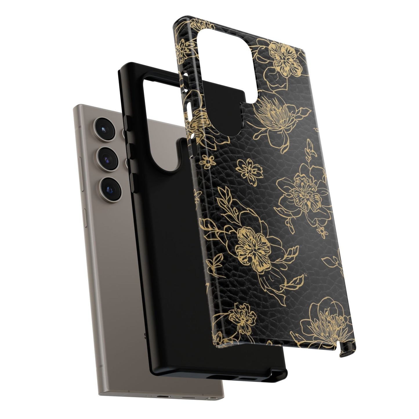 Floral Leather Phone Case — Gold Outline Flowers on Black Tough Case