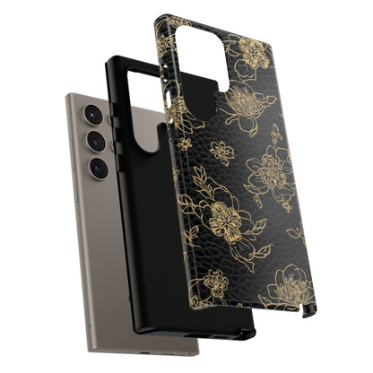 Floral Leather Phone Case — Gold Outline Flowers on Black Tough Case
